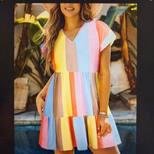 085. Red Multicolor Striped Color Block Tiered Mini Dress  Size S
